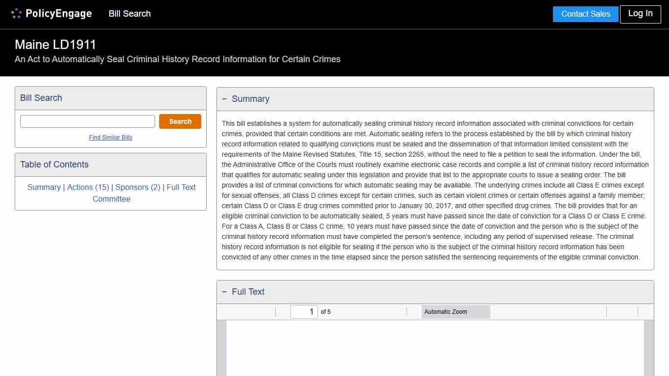 LD1911 Maine 2025-2026 An Act to Automatically Seal Criminal History Record Information for Certain Crimes - Legislative Tracking PolicyEngage