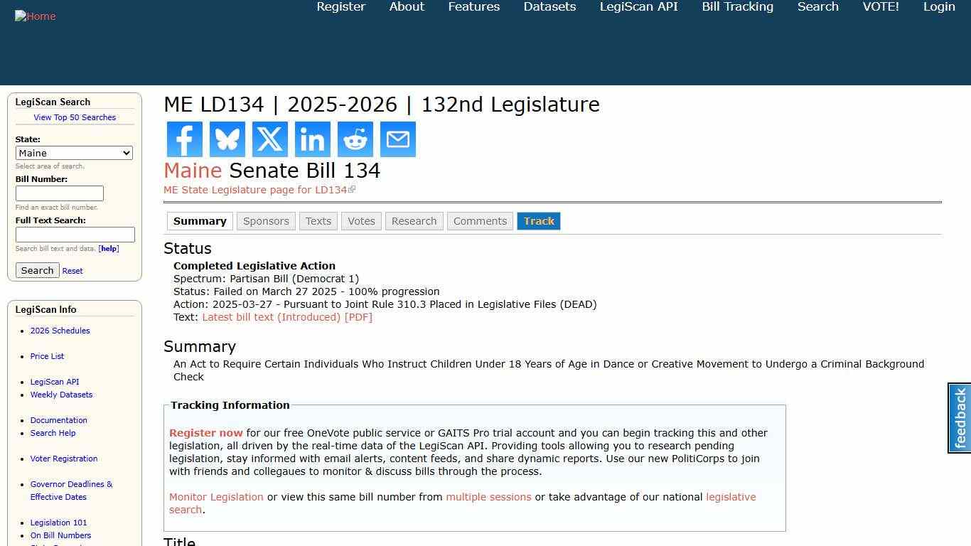 ME LD134 2025-2026 132nd Legislature LegiScan